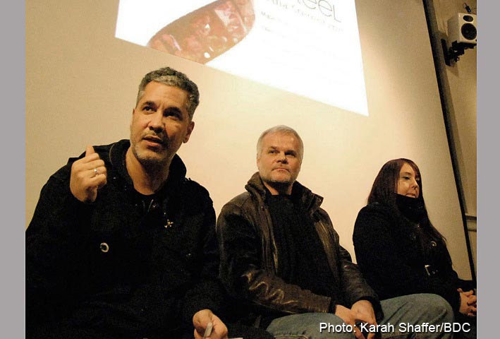 Edwin Pagan, cinematographer of “Latinos Beyond Reel” (left), Miguel Picker, filmmaker (center), and Ronelle Rodriguez Torres, associate producer and lead researcher (right) at the film’s first screening in New York’s Bronx Documentary Center. (Photo/Karah Shaffer/BDC)